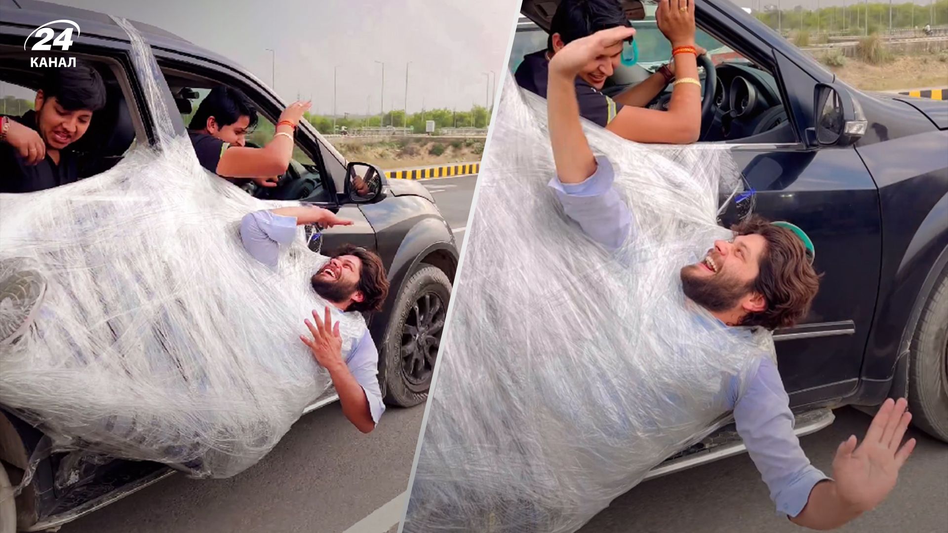 Мужчина примотал себя к машине - видео стало популярным в сети Мужчина примотал себя к машине - видео стало популярным в сети